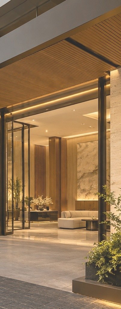 Hotel-style lobby at dusk with timber-lined soffit, stone feature wall and stone flooring