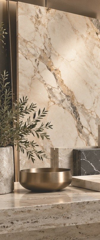 Veined marble slab behind a brass bowl on a travertine bench