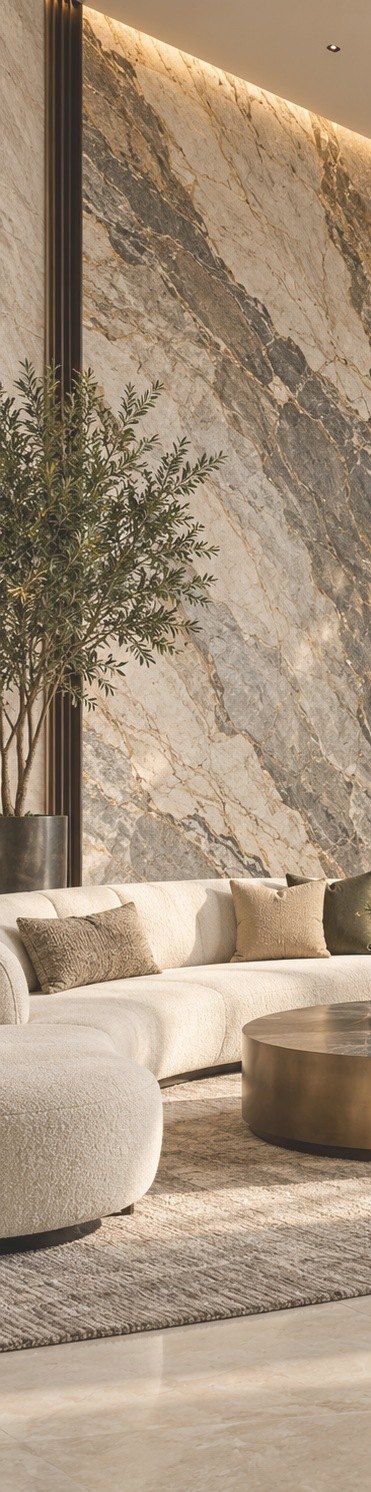 Full-height bookmatched marble feature wall beside an olive tree and curved lounge