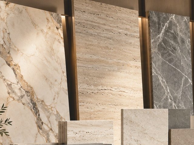 Marble, travertine and grey marble slabs leaning against a wall
