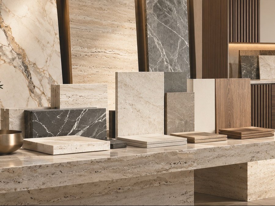 Stone, tile and timber samples arranged on a travertine bench