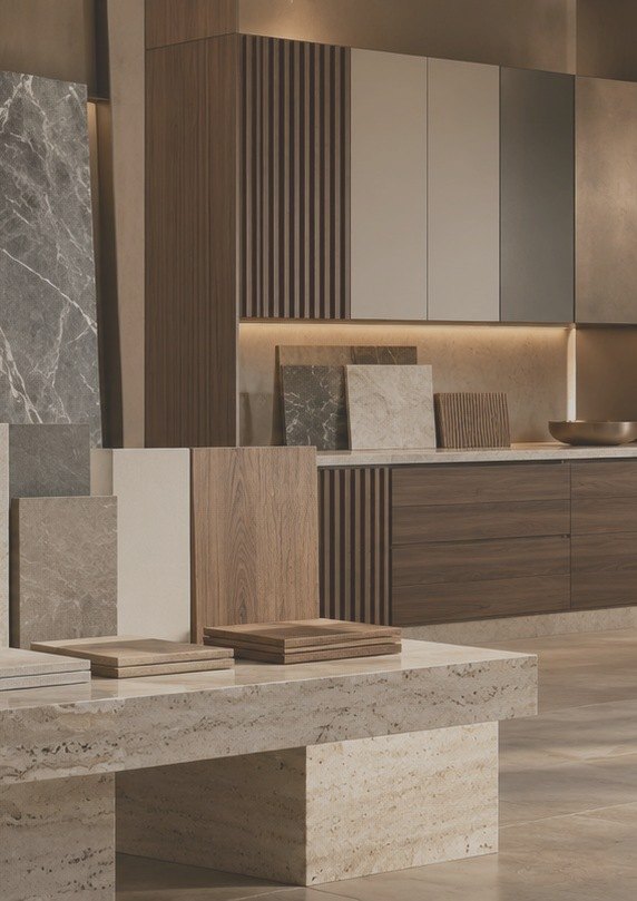 Fluted timber joinery with stone and timber samples on a travertine plinth